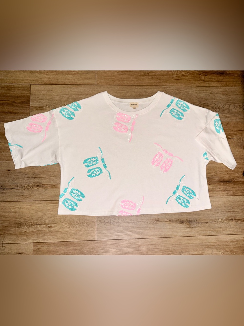 Peach Love California Sequin Sunglasses Crop Top White Pink Turquoise L